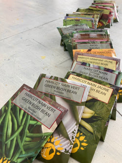 Une rangée de Tourne-Sol Collection Fermiers - B - 25 variétés x 5 sachets répartis sur un sol en béton, présentant différents types dont des haricots verts, des haricots jaunes et des radis pour jardiniers.