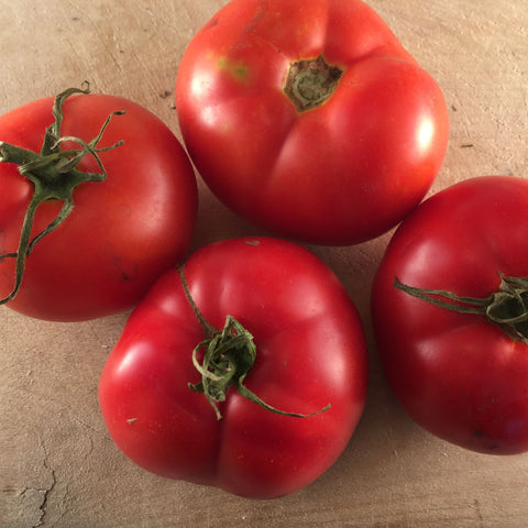Quatre tomates savoureuses Tomate Rouge Montréal sur une surface en bois. (Nom de marque : Tourne-Sol)