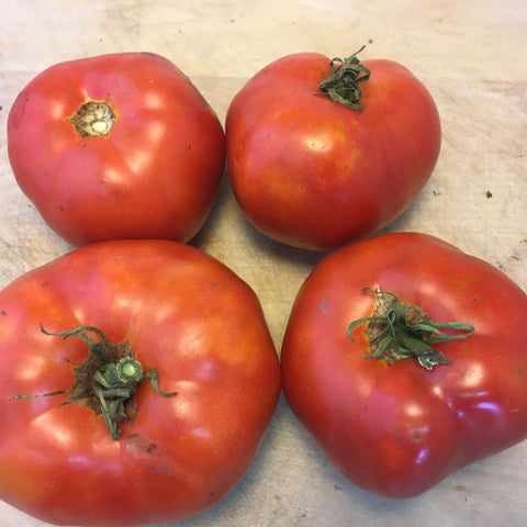Quatre Tomates Rouge Moskvich de grosseur moyenne sur une planche à découper Tourne-Sol.
