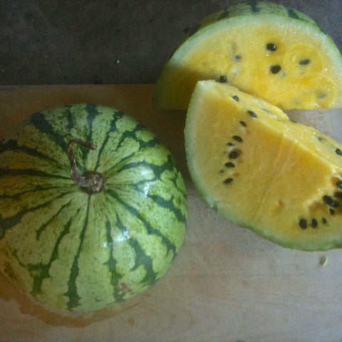 Une tranche de Melon d'Eau Early Moonbeam et une tranche de kiwi sur une planche à découper de Tourne-Sol.